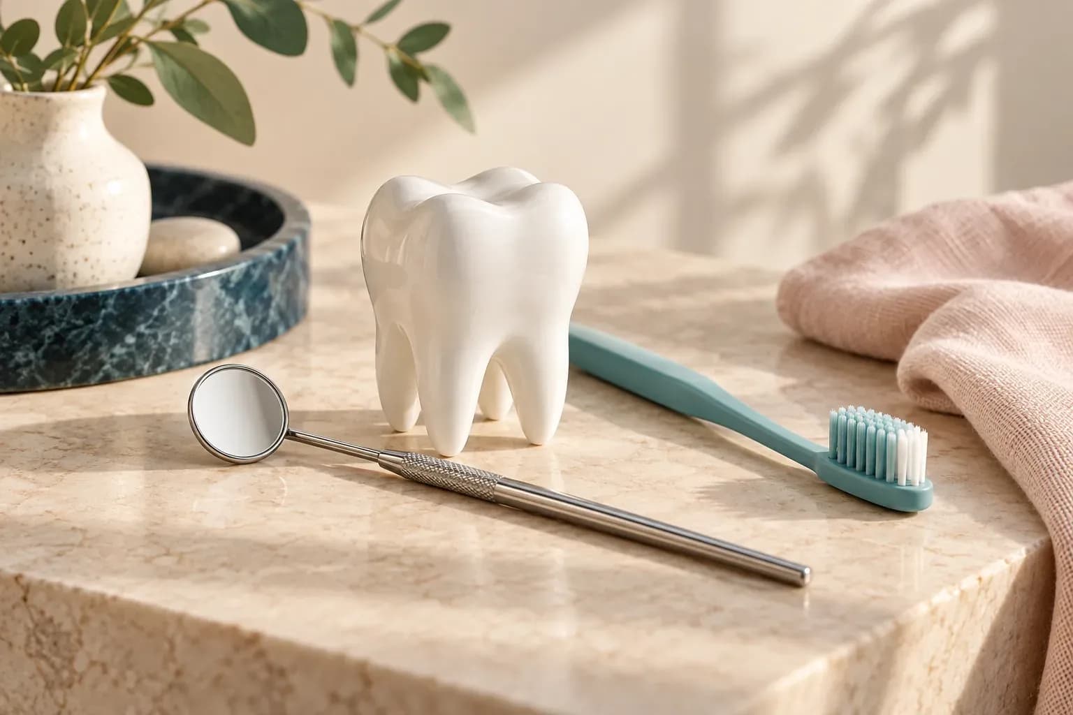 Conceptual still life of a ceramic tooth model, dental mirror and teal toothbrush.