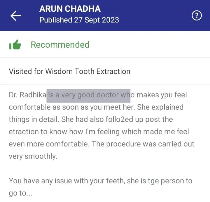 Practo patient review of Spectrum Advanced Dental Care — original supplied screenshot