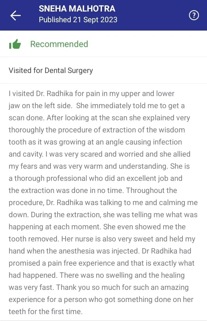 Practo patient review of Spectrum Advanced Dental Care — original supplied screenshot