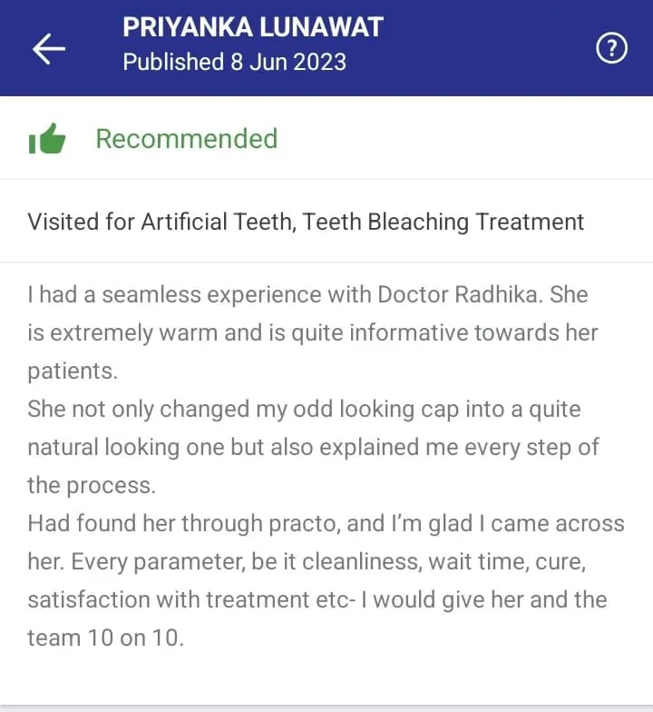 Practo patient review of Spectrum Advanced Dental Care — original supplied screenshot