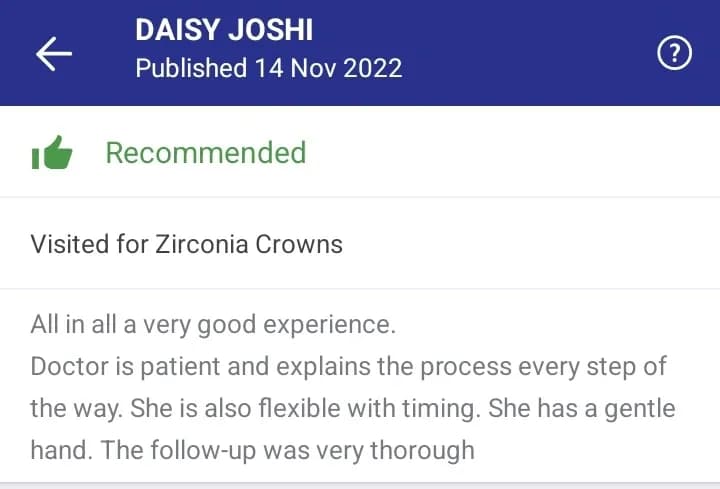 Practo patient review of Spectrum Advanced Dental Care — original supplied screenshot