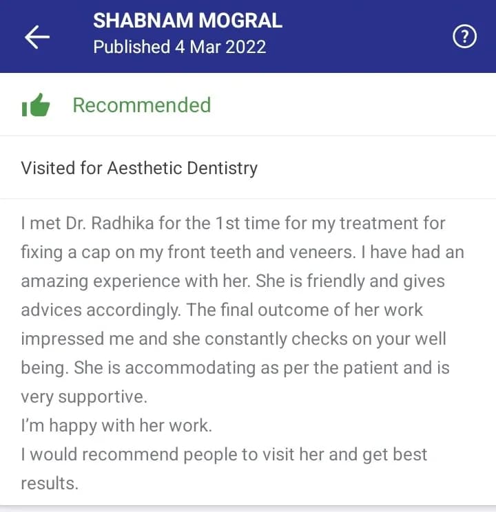 Practo patient review of Spectrum Advanced Dental Care — original supplied screenshot