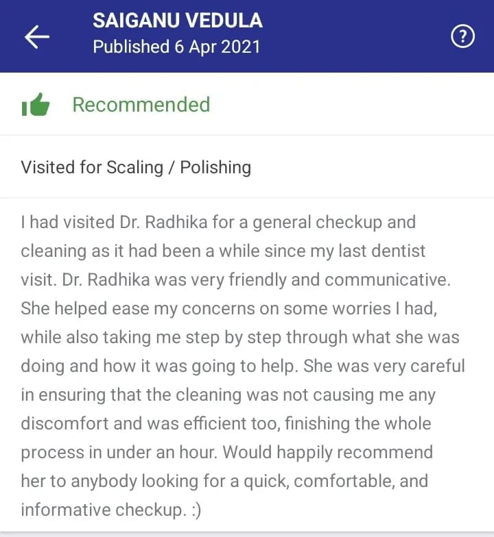 Practo patient review of Spectrum Advanced Dental Care — original supplied screenshot