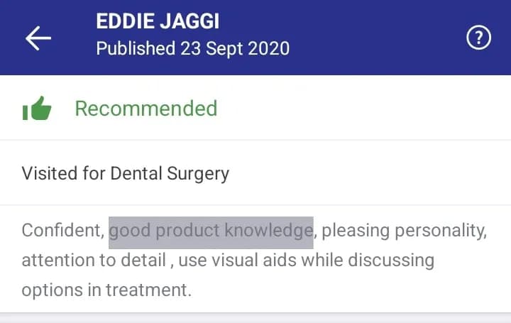 Practo patient review of Spectrum Advanced Dental Care — original supplied screenshot