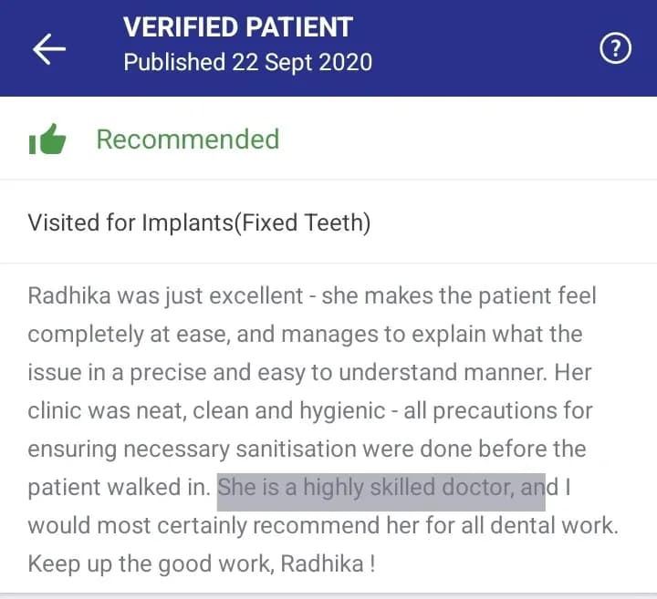 Practo patient review of Spectrum Advanced Dental Care — original supplied screenshot