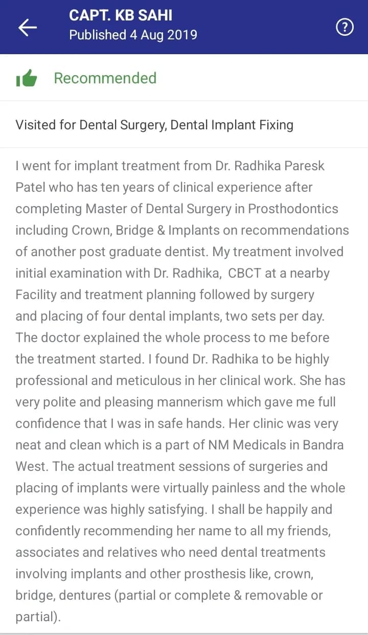 Practo patient review of Spectrum Advanced Dental Care — original supplied screenshot