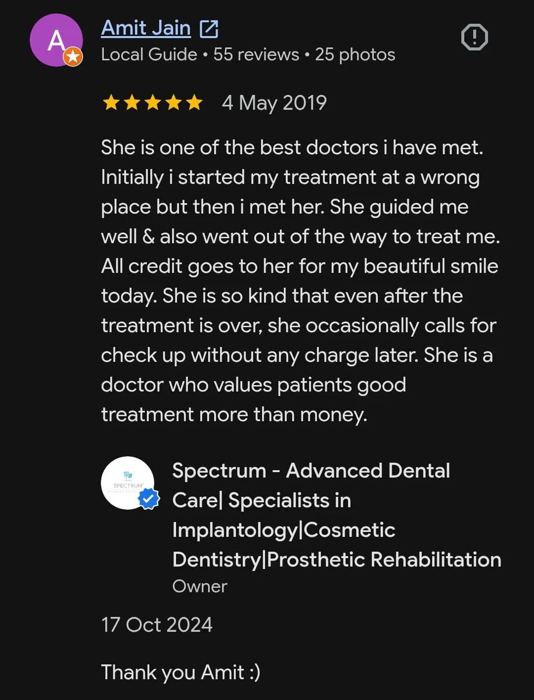 Google patient review of Spectrum Advanced Dental Care — original supplied screenshot