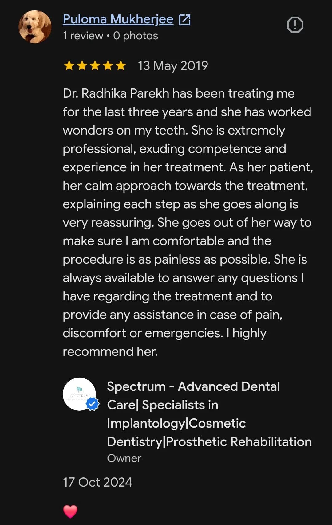 Google patient review of Spectrum Advanced Dental Care — original supplied screenshot