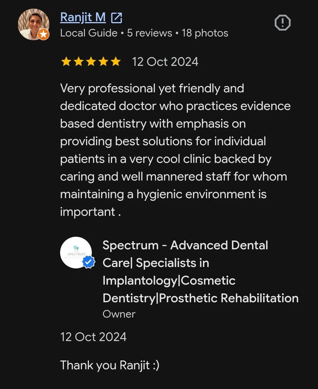 Google patient review of Spectrum Advanced Dental Care — original supplied screenshot