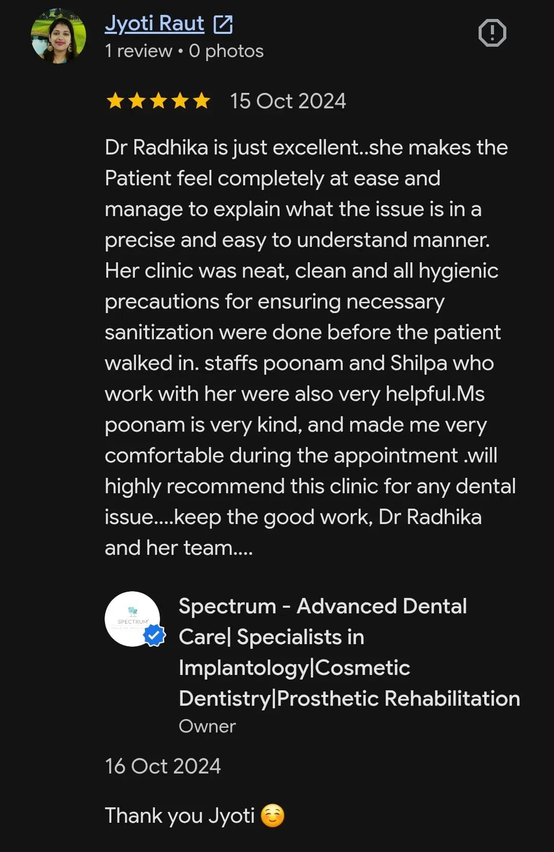 Google patient review of Spectrum Advanced Dental Care — original supplied screenshot