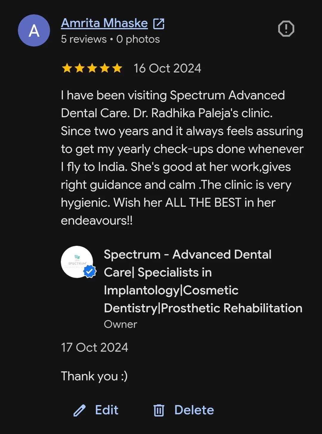 Google patient review of Spectrum Advanced Dental Care — original supplied screenshot