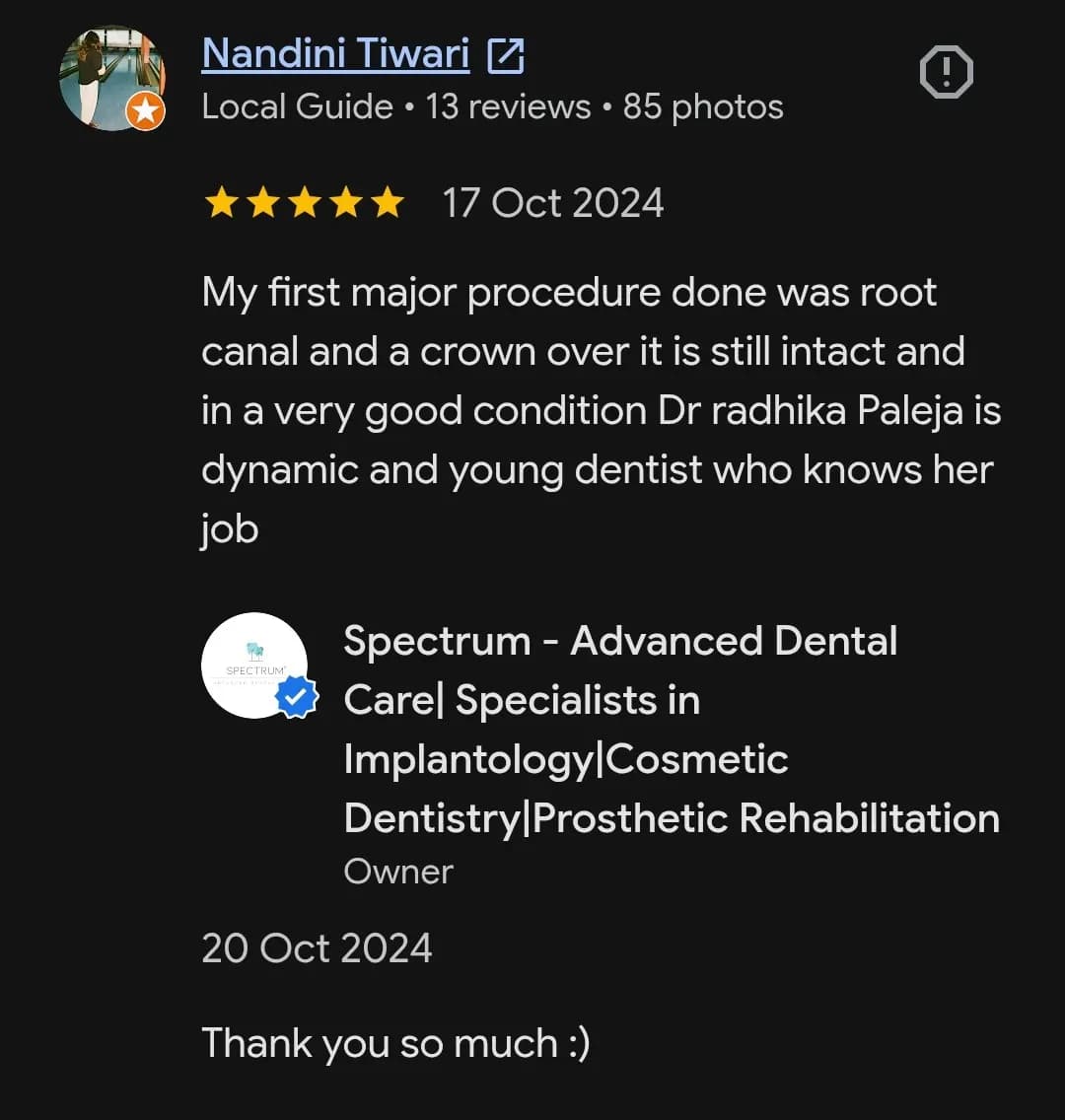 Google patient review of Spectrum Advanced Dental Care — original supplied screenshot