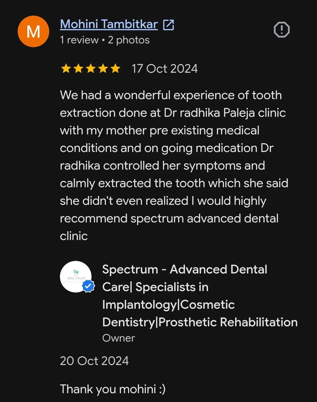 Google patient review of Spectrum Advanced Dental Care — original supplied screenshot