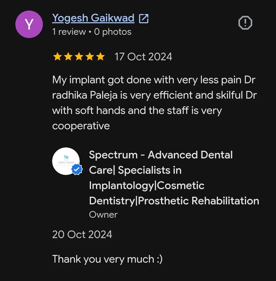 Google patient review of Spectrum Advanced Dental Care — original supplied screenshot