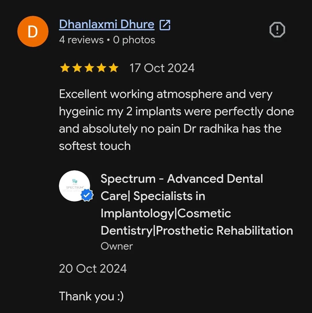 Google patient review of Spectrum Advanced Dental Care — original supplied screenshot