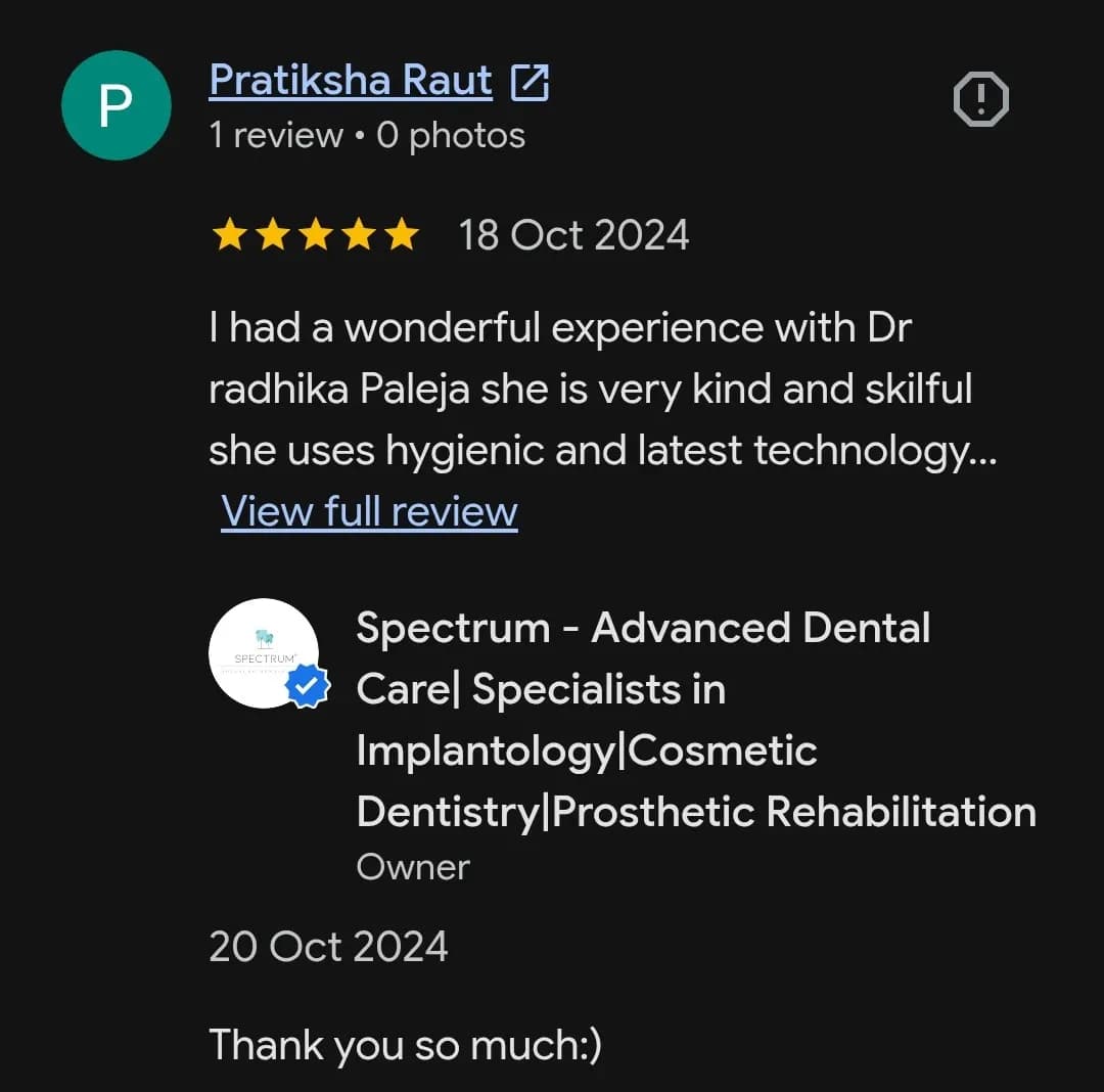Google patient review of Spectrum Advanced Dental Care — original supplied screenshot