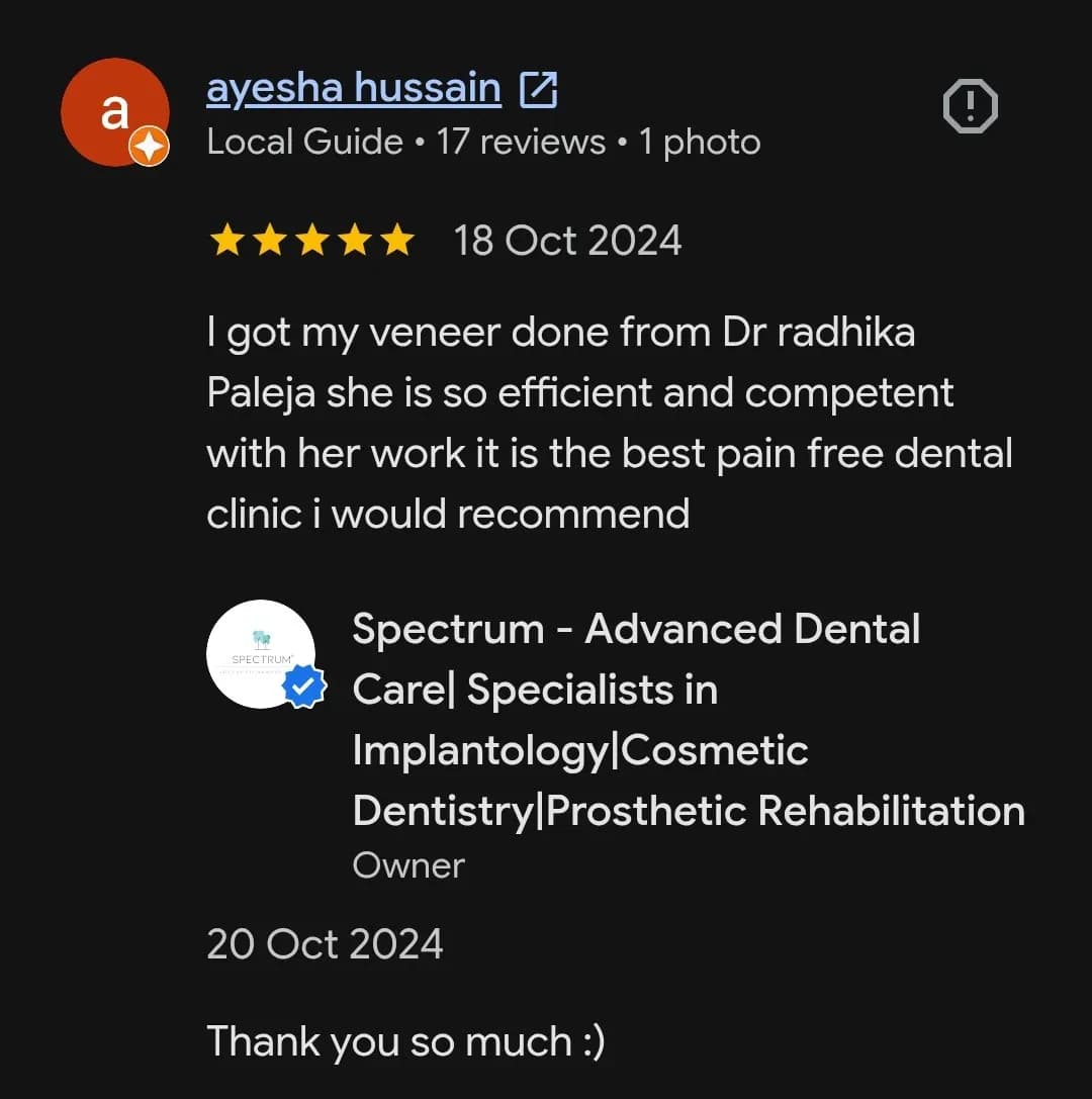 Google patient review of Spectrum Advanced Dental Care — original supplied screenshot