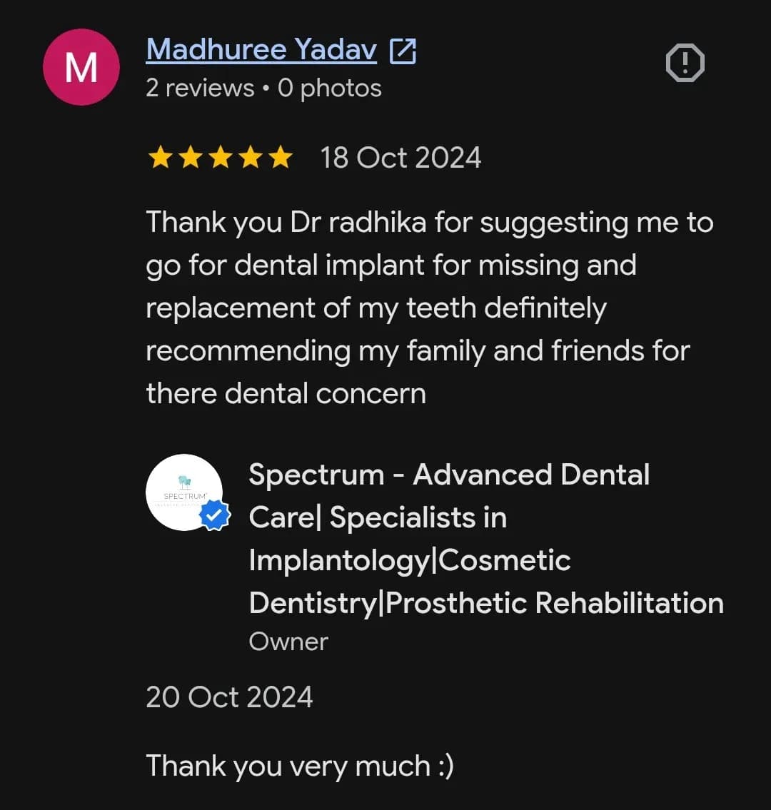 Google patient review of Spectrum Advanced Dental Care — original supplied screenshot