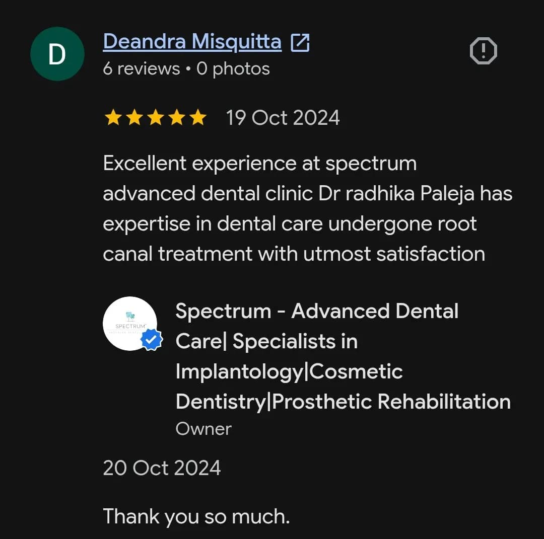Google patient review of Spectrum Advanced Dental Care — original supplied screenshot