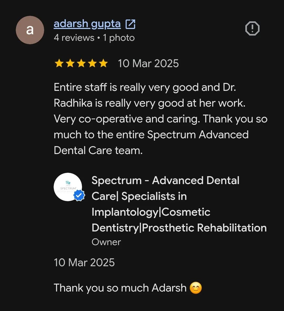 Google patient review of Spectrum Advanced Dental Care — original supplied screenshot