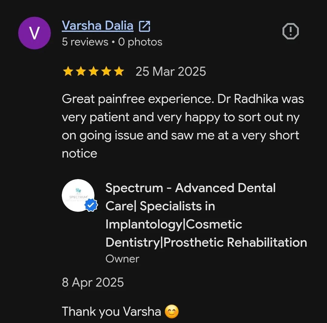 Google patient review of Spectrum Advanced Dental Care — original supplied screenshot