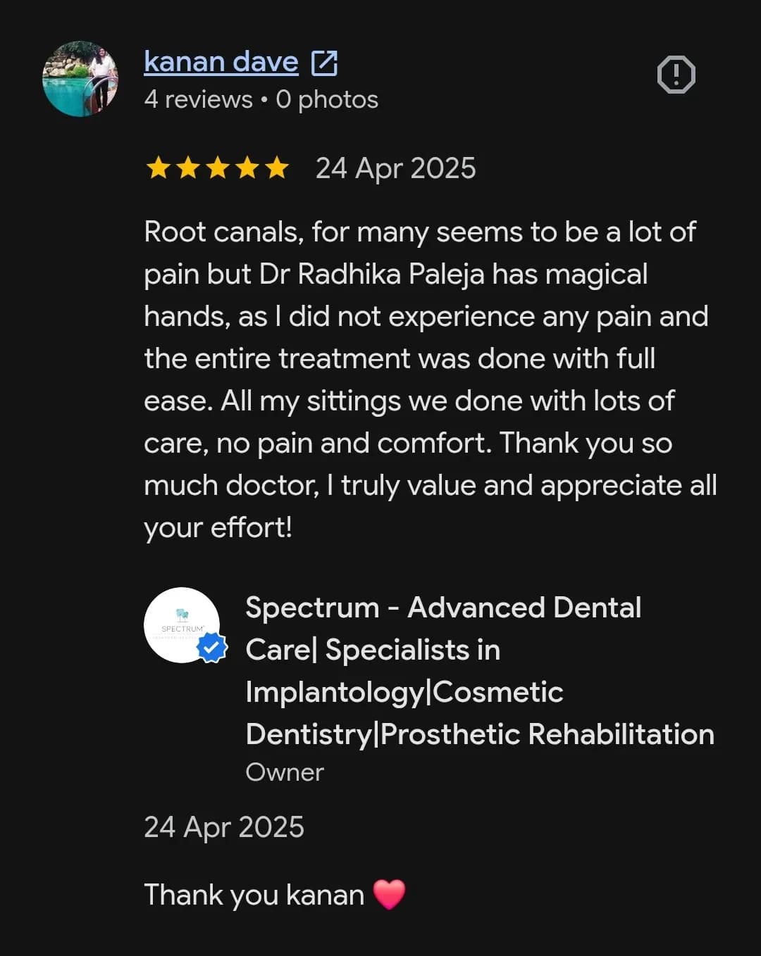 Google patient review of Spectrum Advanced Dental Care — original supplied screenshot