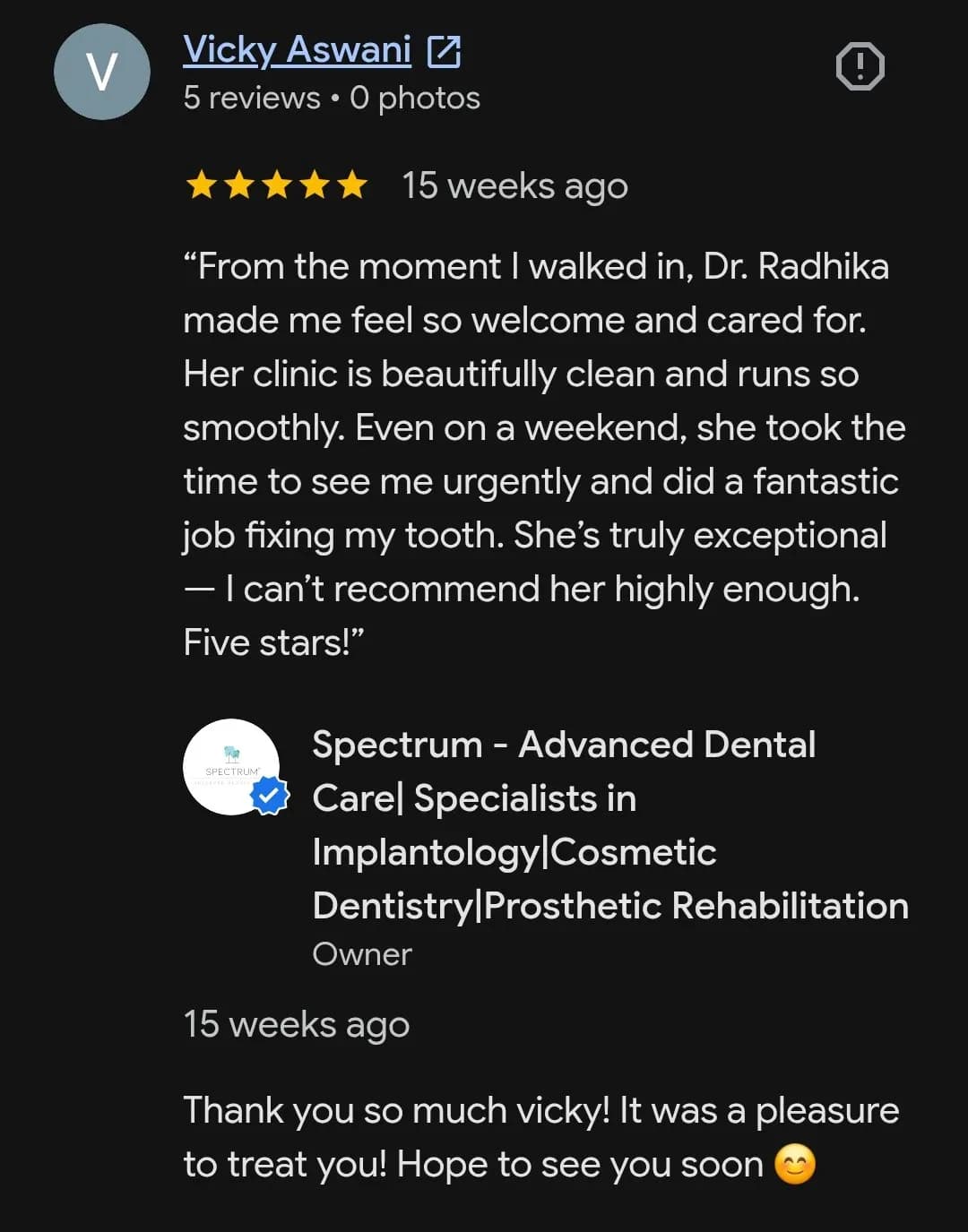 Google patient review of Spectrum Advanced Dental Care — original supplied screenshot