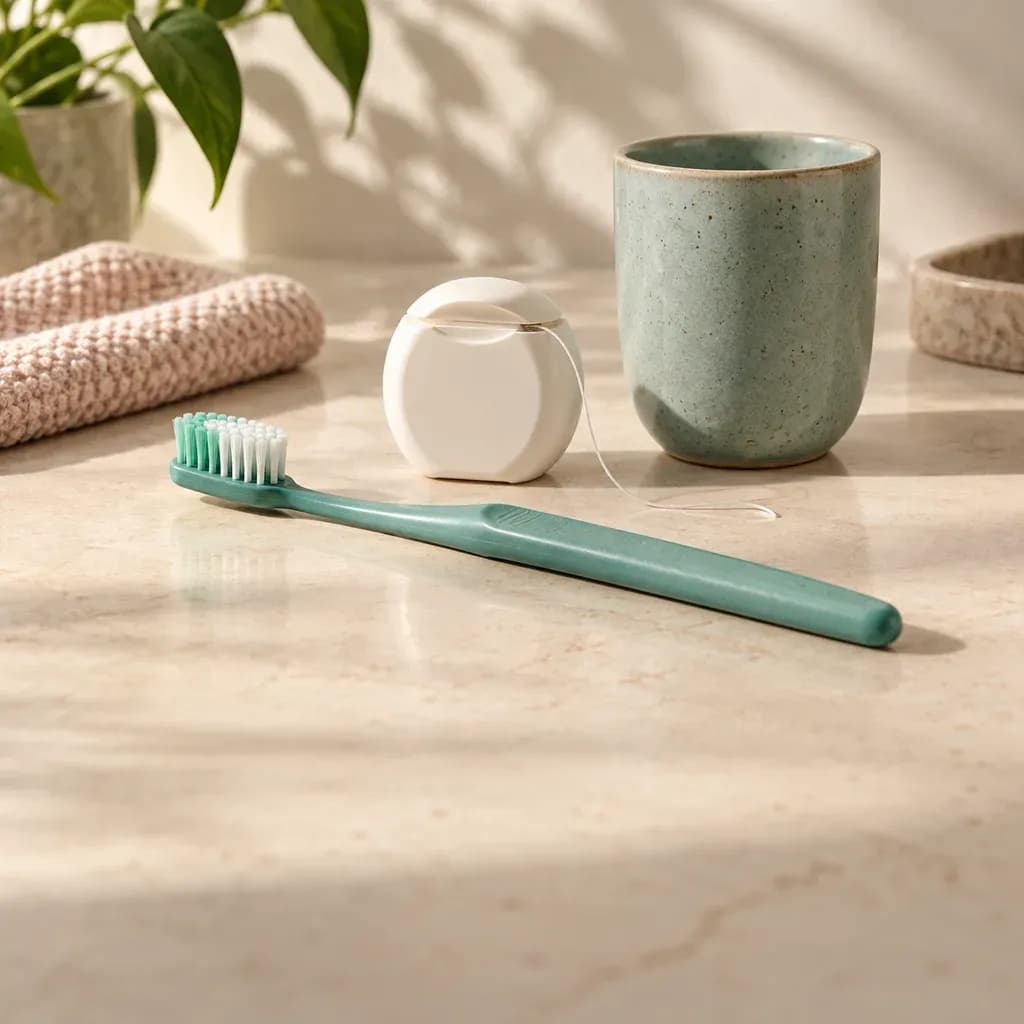 Conceptual still life of a teal toothbrush, dental floss and a ceramic cup.