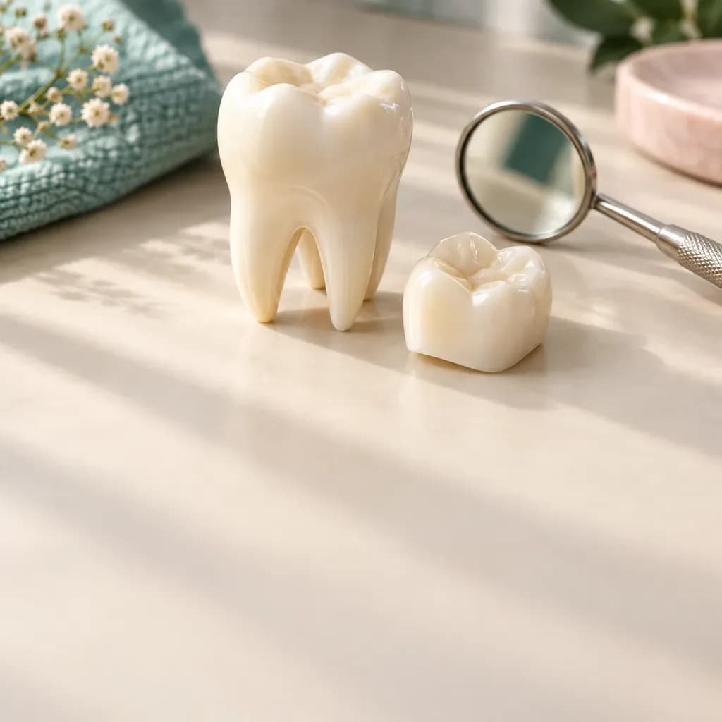 Conceptual still life of a ceramic molar, tooth crown and dental mirror.