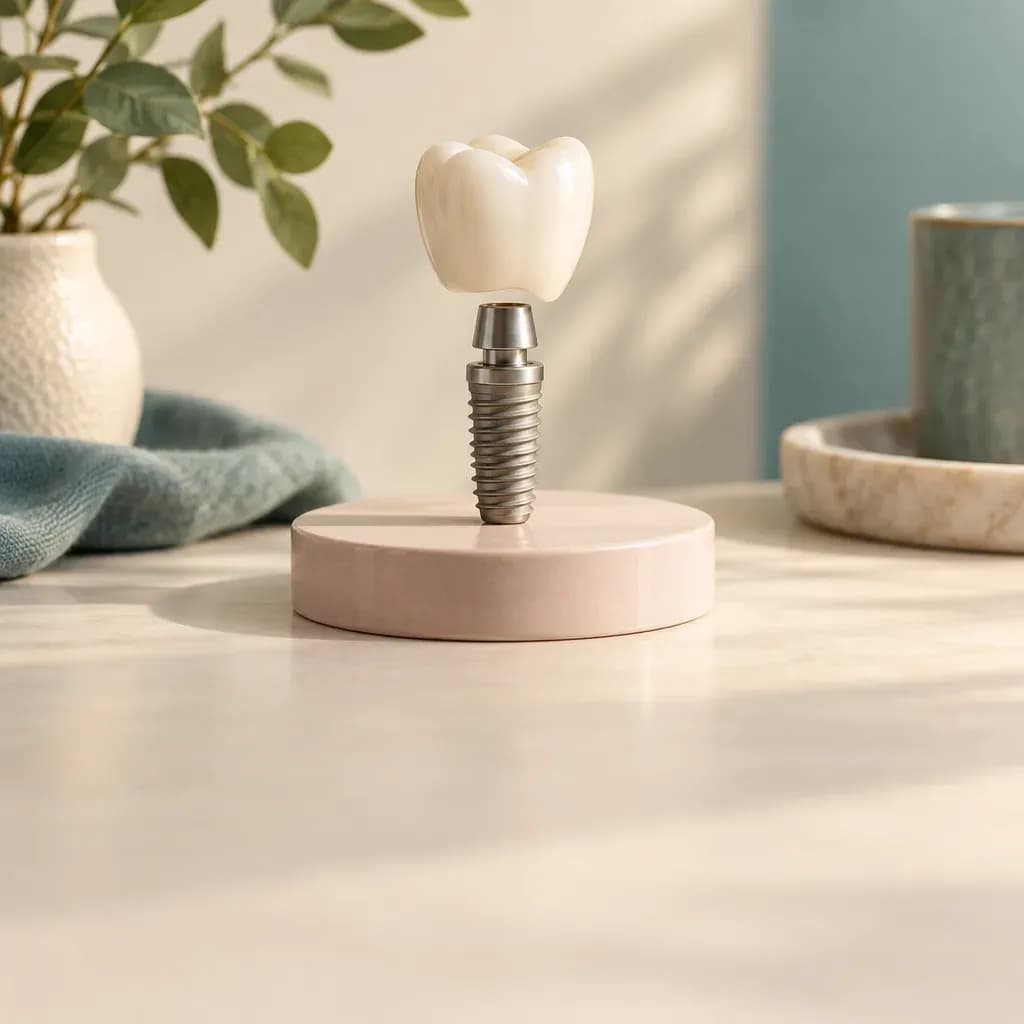 Conceptual dental implant demonstration model with an ivory crown and titanium screw.