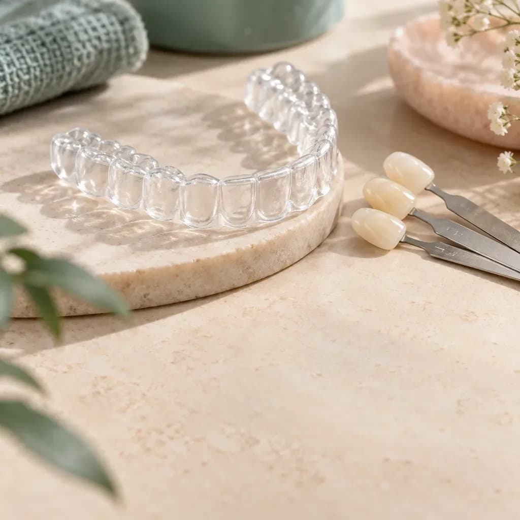 Conceptual still life of a clear dental aligner and tooth shade tabs.